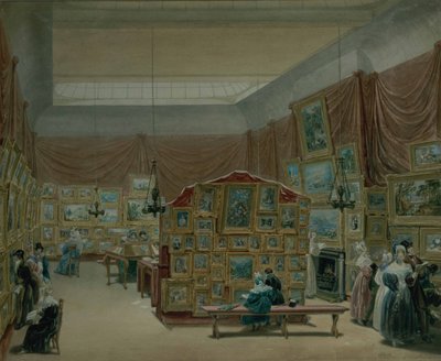 Innenraum der Galerie der New Society of Painters in Watercolour, Old Bond Street, 1834 von George the Elder Scharf